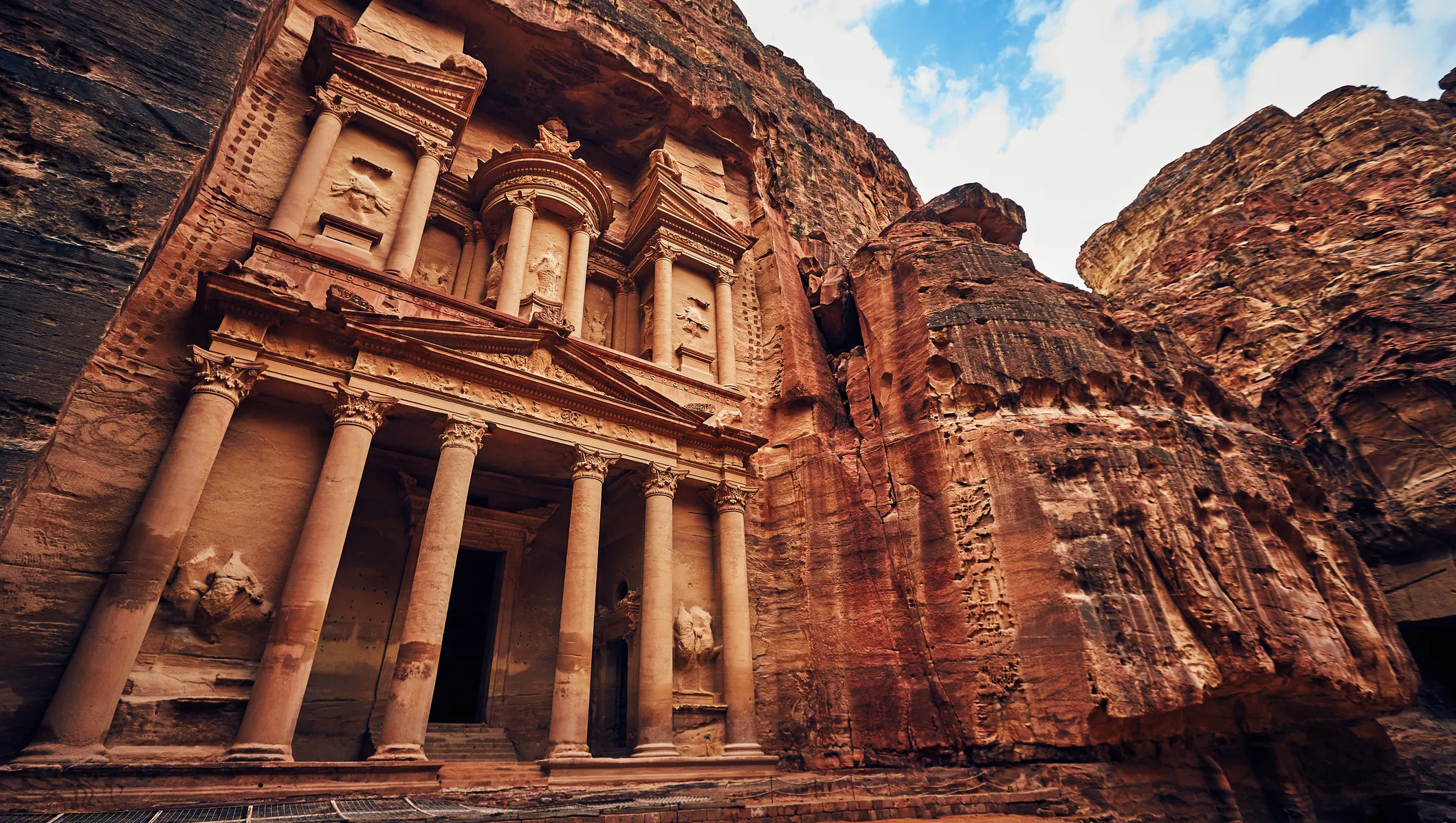 The Treasury at Petra, carved into red sandstone