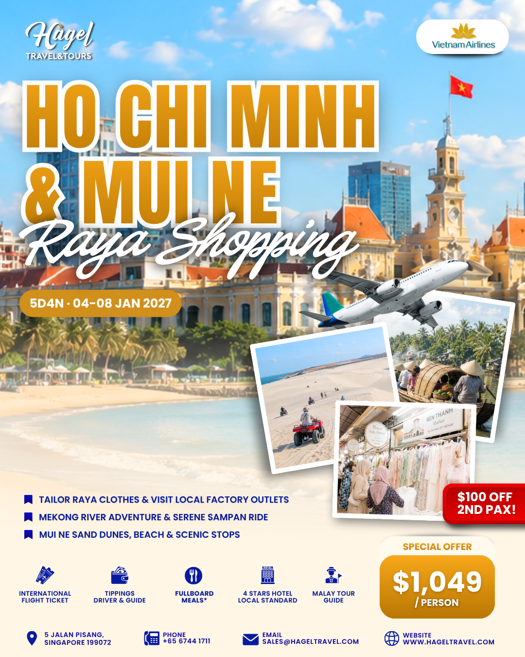 Ho Chi Minh and Mui Ne Raya Shopping 5D4N poster with dates, price, highlights and inclusions