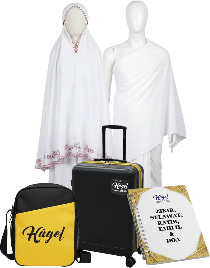 The Hagel Umrah gift set: cabin bag, sling bag, ihram or telekung, and the course and doa book